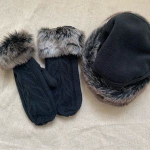 Women’s Faux Fur Trim Black Fleece Round Winter Hat and Gloves One Size